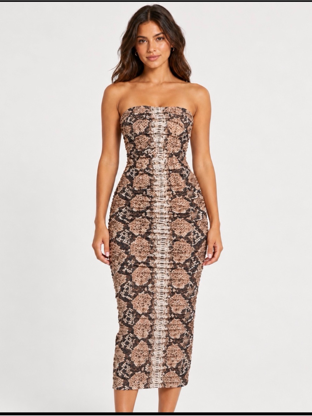 AFRM Strapless Snake-Print Midi Dress in Brown and Black